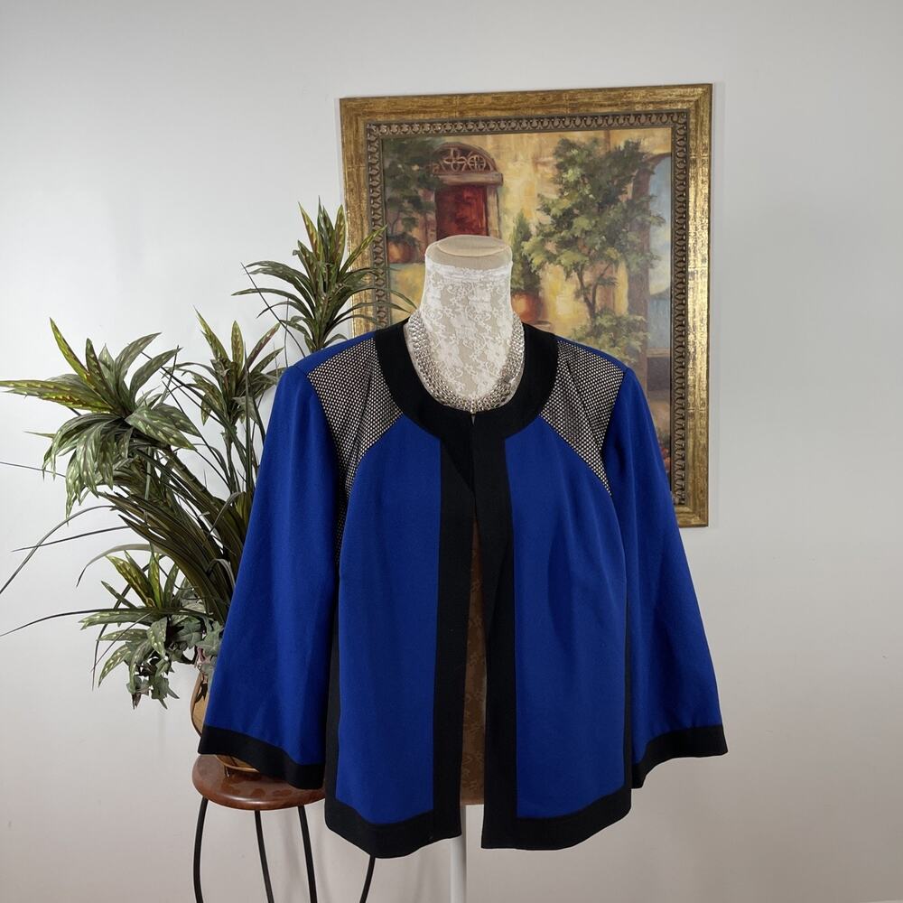 Nicolette Blue Black Open Front Jacket Mesh Trim Plus Size 18W Career Blazer